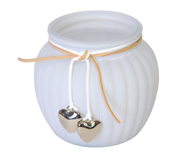 Teelicht aus weißem Milchglas mit silbern farbigen Herzanhänger (DE760)